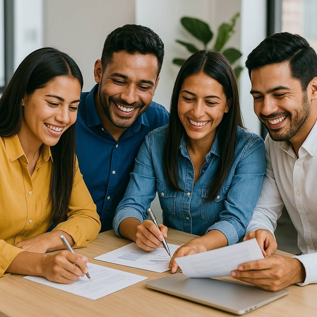 Four people smiling and collaborating at a desk with documents and a laptop.