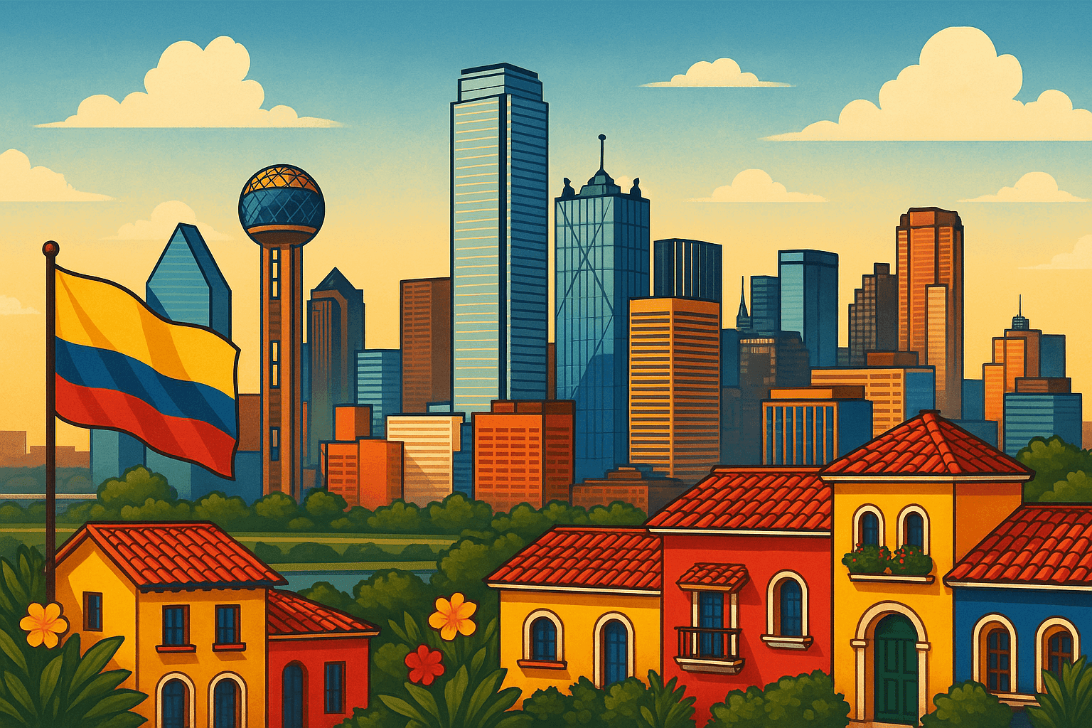 Colorful houses with red roofs and a Colombian flag against a city skyline with modern skyscrapers.