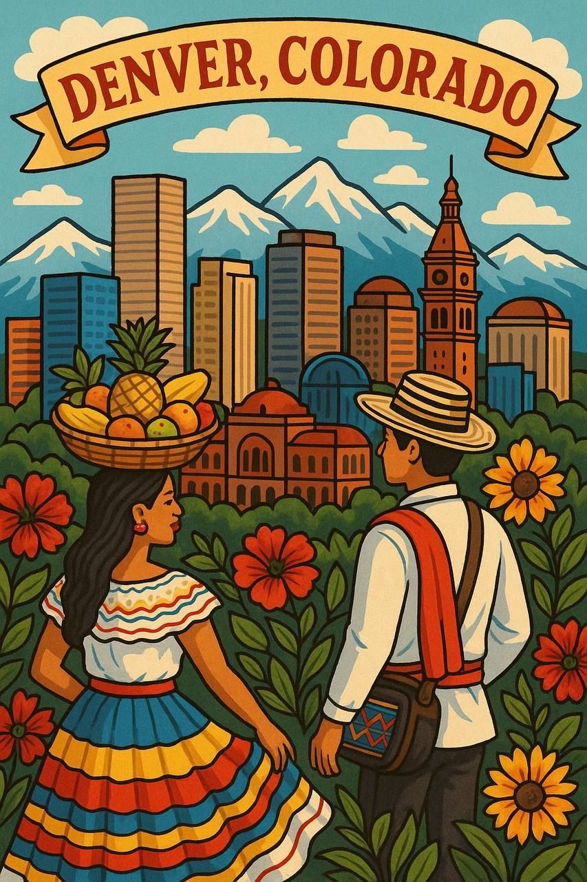 Illustration of two people in traditional attire looking at Denver skyline with mountains in background.