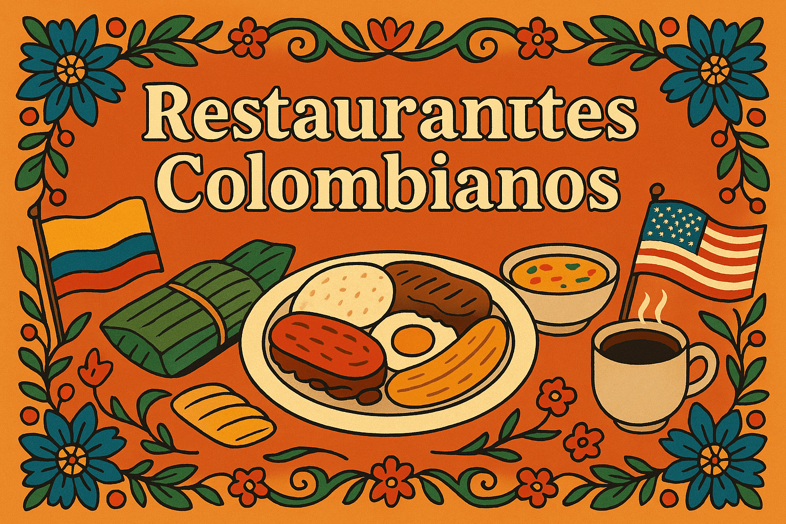 Illustration of a Colombian restaurant sign with traditional food, flags, and floral decorations.