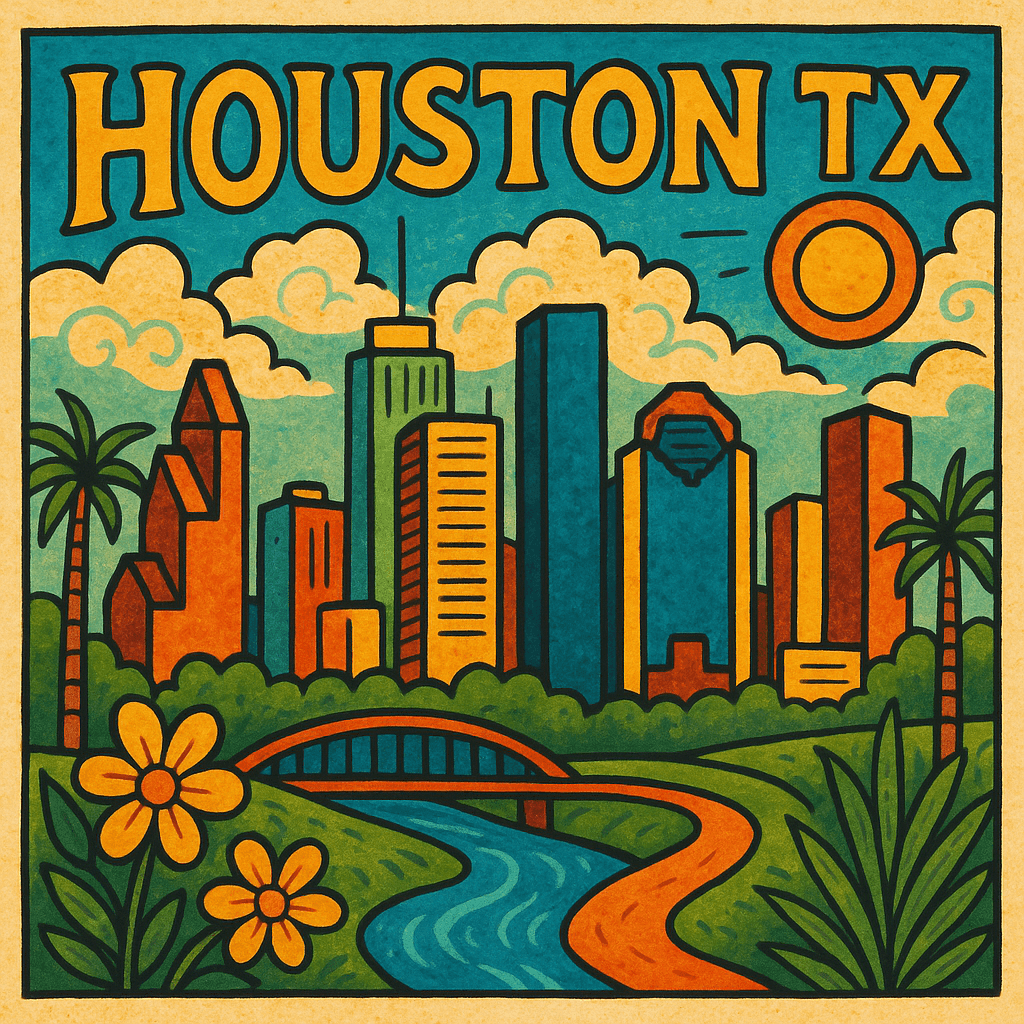 Colorful illustration of Houston skyline with text and sun in the sky above river and greenery.