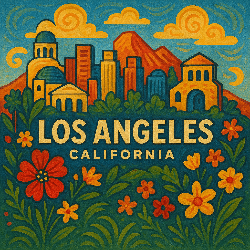 Colorful illustration of Los Angeles skyline with flowers and mountains in the background.