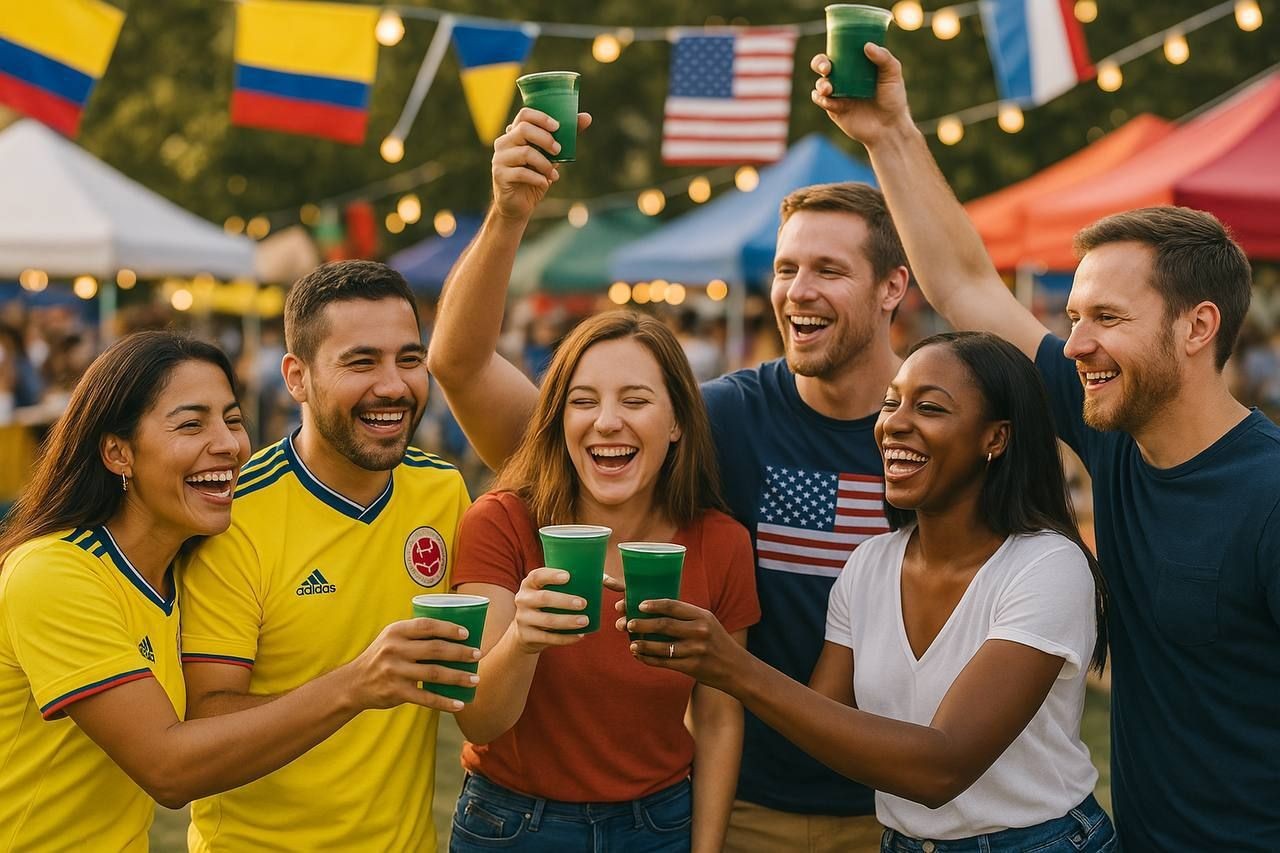 Group of six people smiling and holding green cups at an outdoor event with colorful flags and lights.