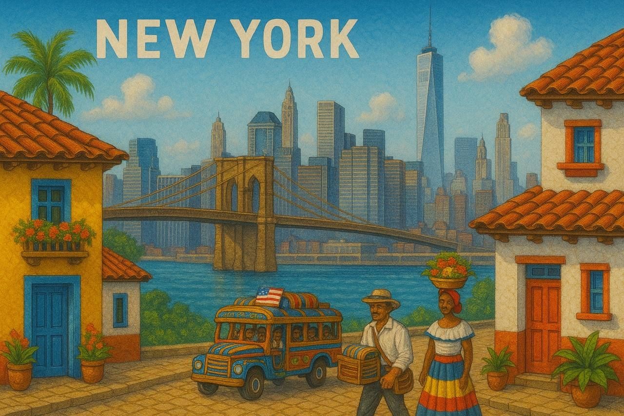 Colorful painting of New York with Brooklyn Bridge and diverse people, vintage style elements.