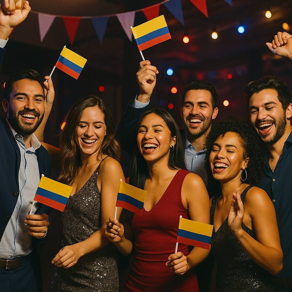 Group of people celebrating with Colombian flags in a festive setting with colorful lights and decorations.