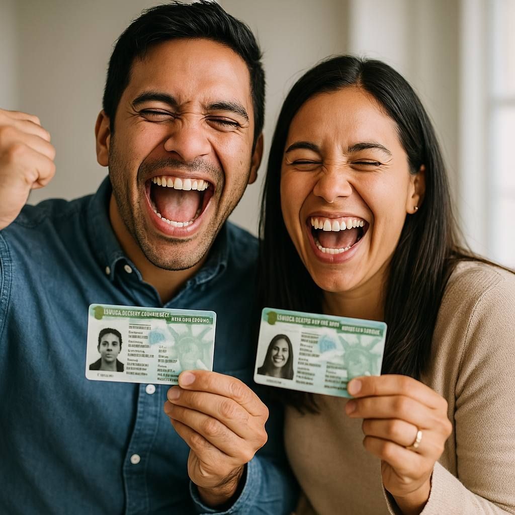 Smiling couple holding ID cards, celebrating with joyful expressions indoors.