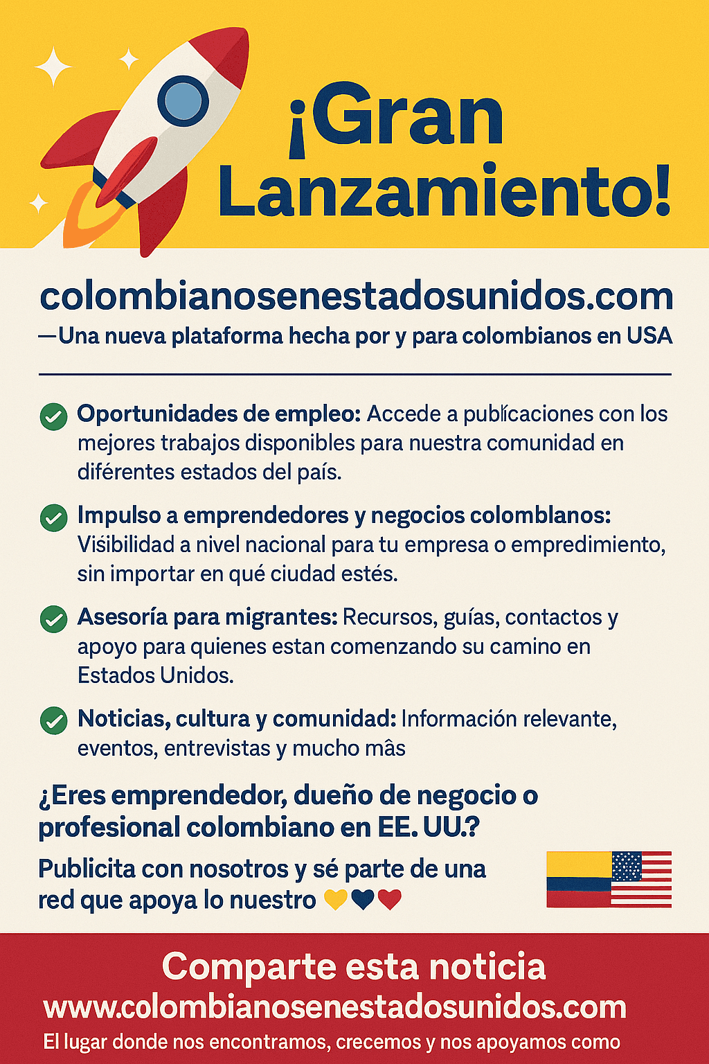 Colorful launch announcement for a new platform for Colombians in the USA with opportunities and resources.