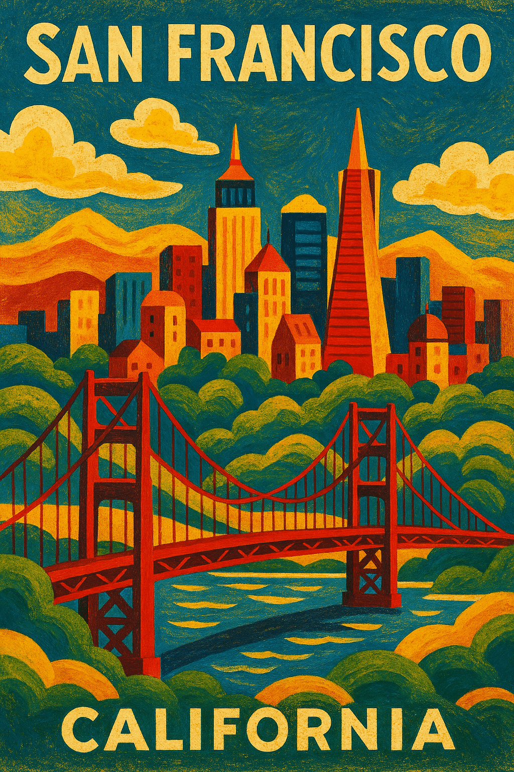 Colorful illustration of San Francisco skyline with Golden Gate Bridge and surrounding landscape.