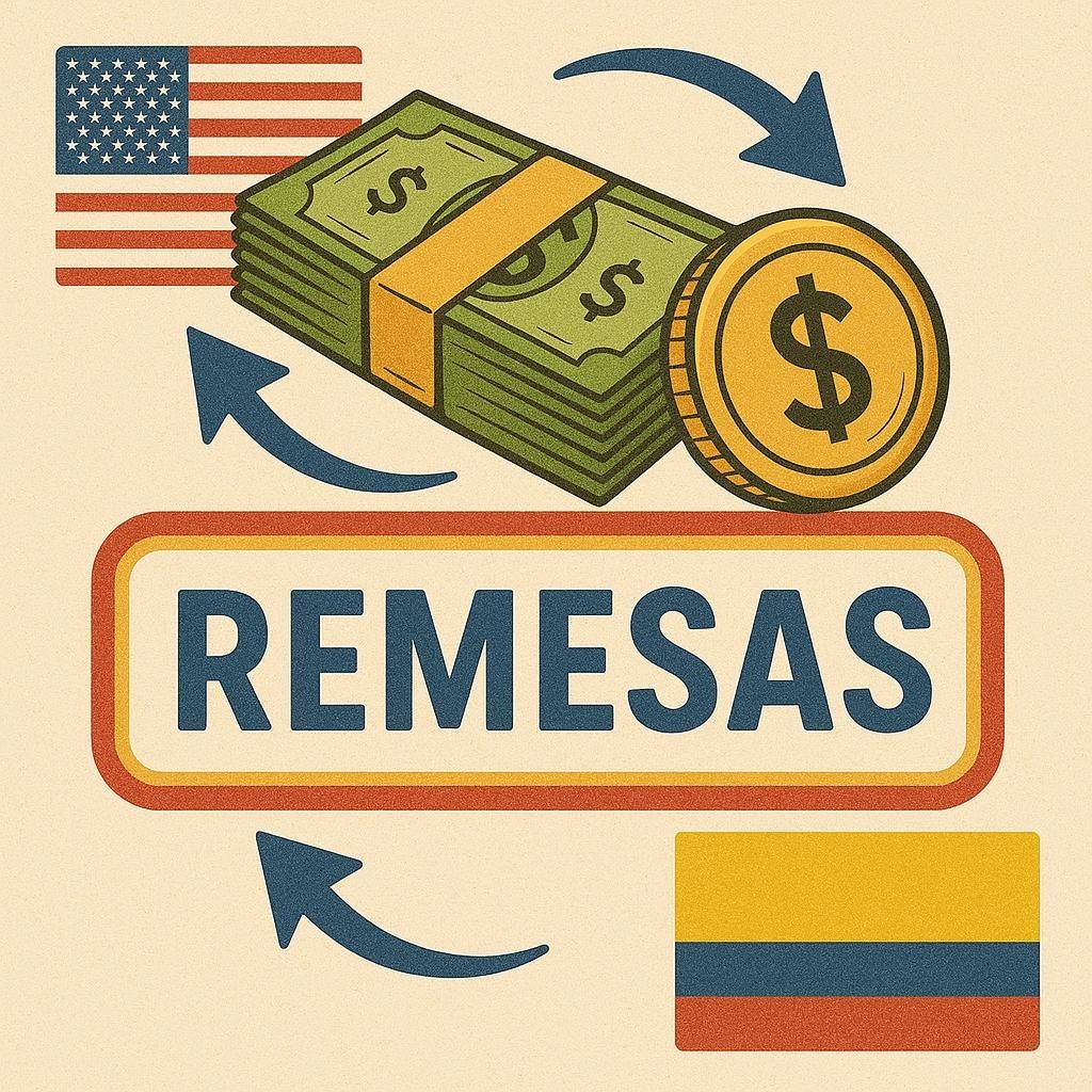 Illustration of money transfer concept between USA and Colombia with currency symbols and flags.