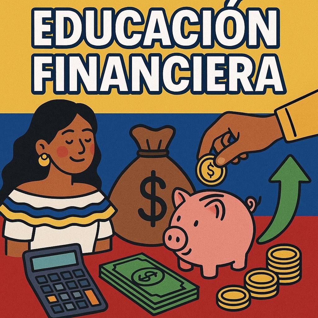 Colorful financial education illustration with a woman, piggy bank, and calculator.