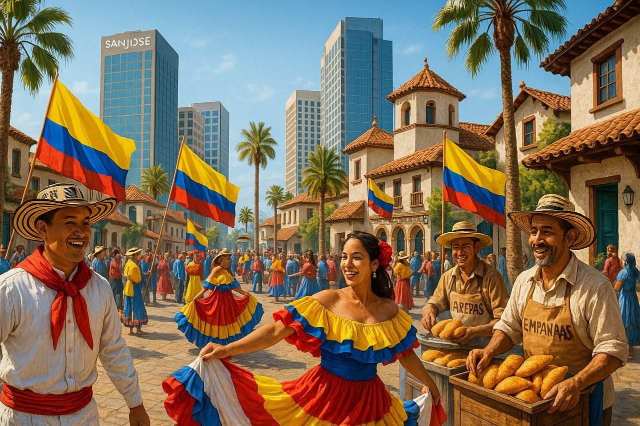People in colorful traditional clothing celebrating with flags and food in a lively outdoor setting with palm trees.
