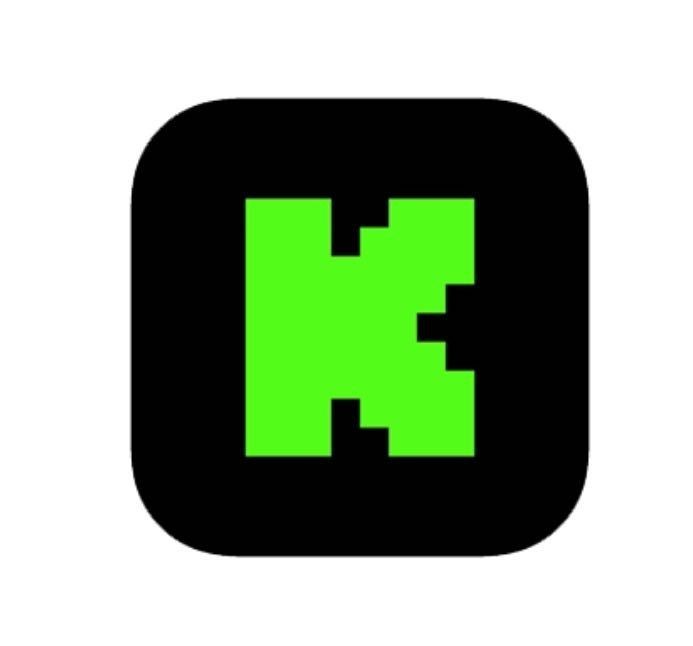 Green pixelated letter K on a black background, designed in a retro video game style.