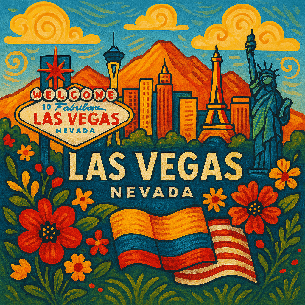 Colorful illustration of Las Vegas landmarks with flowers and flags in the foreground.