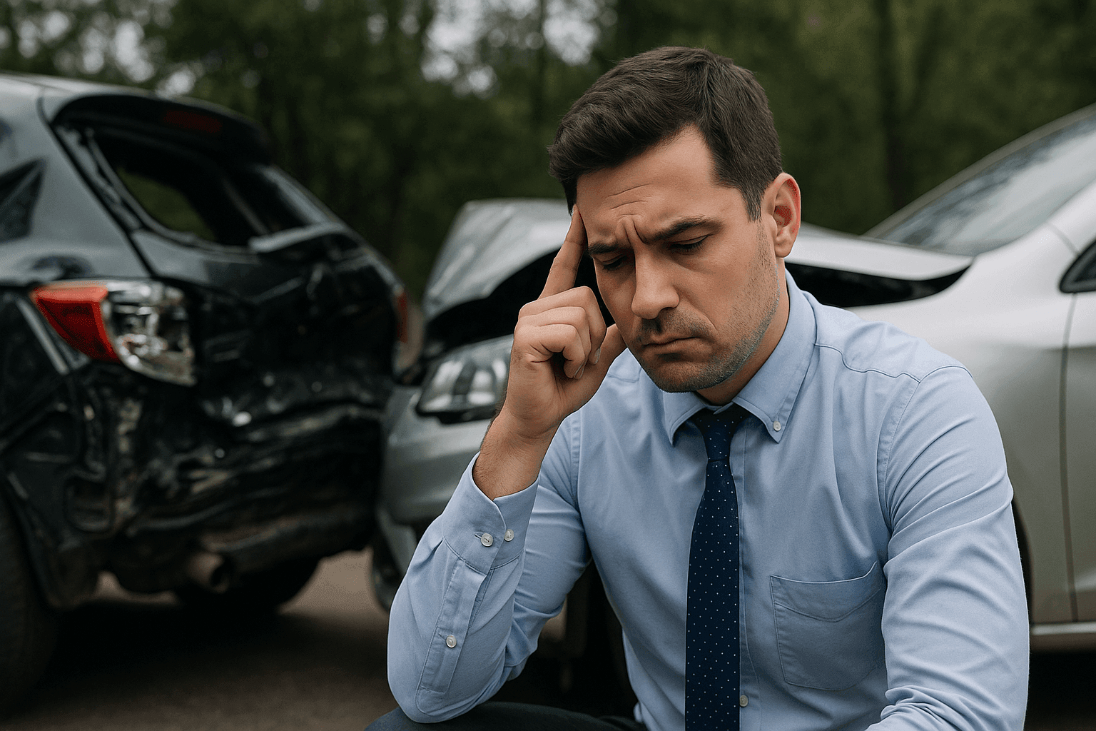 Man in blue shirt looking stressed, sitting near cars involved in an accident.